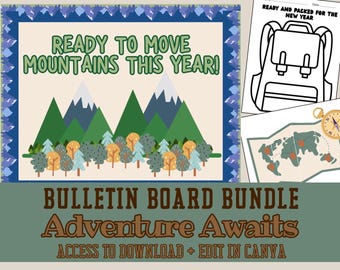 Bundel met avontuur wacht op bulletinboard | Buitenthema kamperen natuur | Hulpbronnen voor docenten | Rugzakactiviteit | Prikbord kampeerlessen