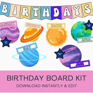 Kit de tablero de cumpleaños: Explorador espacial / Decoración del aula / Recurso para docentes / Tema del espacio exterior / Celebración de cumpleaños / Pósteres para tablones de anuncios