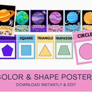 May include: Printable color and shape posters featuring space-themed illustrations. The posters include the words "orange", "green", "purple", "pink", "blue", "yellow", "hexagon", "square", "triangle", "trapezoid", and "circle".