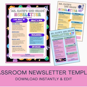 May include: A printable classroom newsletter template with a space theme. The template is pink and blue with a cartoon astronaut and planets. The text on the template says "Ms. Katie's 2nd Grade Newsletter".