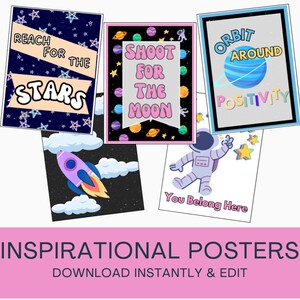 May include: A collection of inspirational posters with space-themed designs. The posters feature phrases like "Reach for the Stars," "Shoot for the Moon," and "Orbit Around Positivity." The image also includes a rocket, planets, stars, and an astronaut.