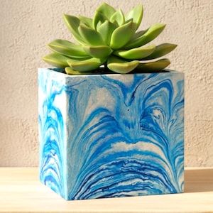 Handmade Blue Marbled Square Plant Pot, Modern Home Decor, Succulents or Cactus Flowerpot