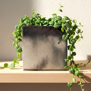 10 cm Square Planter, Black and Grey Marbled Concrete Plant Pot for Indoor Houseplants