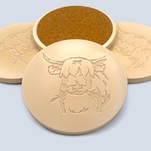 Handmade Highland Cow Coasters Set of 4 | Debossed Drinks Mats with Cork Base | Rustic Animal Gift for Cow Lovers and Nature Enthusiasts