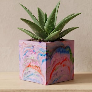 Lilac Square Plant Pot 10cm – Handmade Indoor Planter with Marbled Red Green Blue Swirls