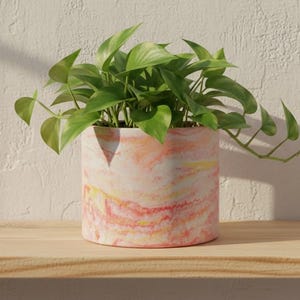 15 cm Large Sunrise Marbled Plant Pot, Pink Orange Yellow Indoor Planter