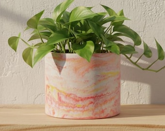 15 cm Large Sunrise Marbled Plant Pot, Pink Orange Yellow Indoor Planter