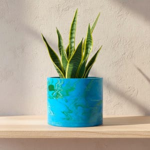 Large 15cm Seascape Marbled Plant Pot, Blue Green Indoor Planter