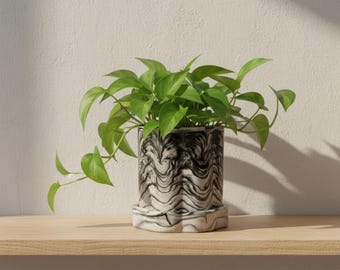 Black and White Marbled Plant Pot with Saucer, Desk Organiser, Indoor Planter