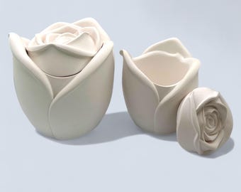 White Rose Trinket Pot with Catchall Tray in 2 Size options: Jewellery Storage