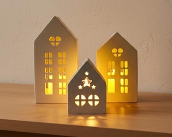 House Tealight Holder Set, Scandinavian Christmas Village Houses, Nordic Candle Decor