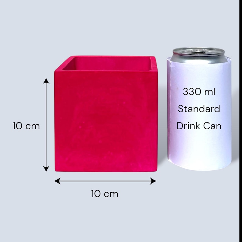 Bright fuchsia square plant pot with measurement arrows showing 10 cm height and 10 cm width, placed beside a standard 330 ml drinks can for size comparison on a pale grey background.