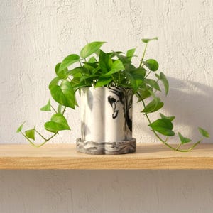 Black and White Marble Tall Fluted 14 cm Plant Pot, Saucer Optional