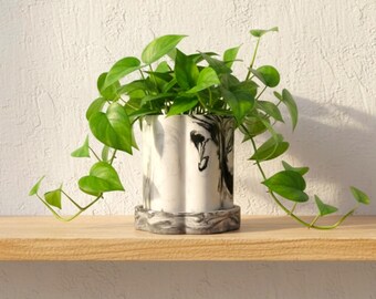 Black and White Marble Tall Fluted 14 cm Plant Pot, Saucer Optional
