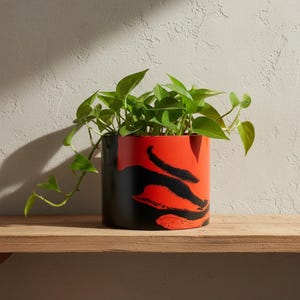 May include: A round plant pot with a black and red abstract pattern. The pot contains green leafy plants. The pot is placed on a wooden shelf.