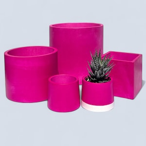 Peut inclure: Ensemble de pots de fleurs roses vifs de différentes formes et tailles. L'ensemble comprend des modèles cylindriques, coniques et carrés. Un pot contient une petite plante succulente aux feuilles rayées vertes et blanches.