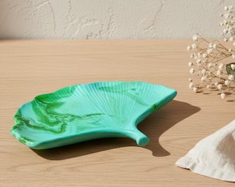 Green Marbled Ginkgo Leaf Jewellery Dish, Decorative Trinket Tray