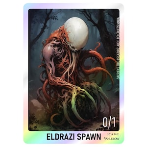 Peut inclure: Une carte Eldrazi Spawn du jeu de cartes à collectionner Magic: The Gathering. La carte représente une créature monstrueuse et charnue avec une grosse tête blanche et des tentacules. Le texte de la carte indique "Sacrifiez cette créature : Ajoutez 1 mana incolore." La carte a une force de 0 et une endurance de 1.