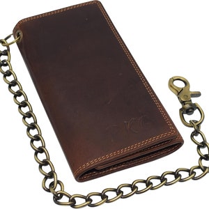 Cartera de motociclista personalizada con protección RFID, de cuero vintage marrón, con chequera larga y cadena triple para hombre