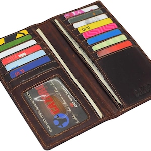 Cartera larga personalizada con bloqueo RFID, delgada, plegable, de cuero vintage, para tarjetas de crédito y de identificación, color marrón