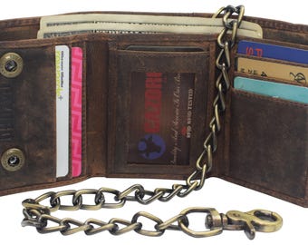 Personalized Vintage Leather Biker Trifold Wallet RFID Blocking Chain Wallet For Men Custom Names