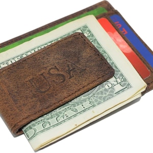 Billetera personalizada con clip para billetes, delgada, de cuero vintage, con bolsillo frontal, bloqueo RFID e imanes potentes.