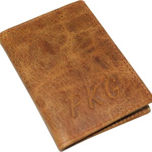 Mini billetera plegable de cuero genuino, delgada y personalizada, con ventana para dos documentos de identidad, para licencia de conducir, color canela
