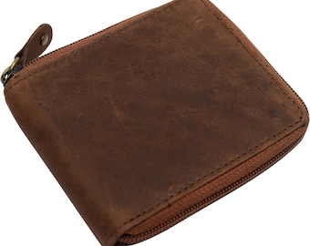 Cartera con cremallera para hombre, con bloqueo RFID, de cuero vintage, plegable y con cremallera, tarjetero para hombre, regalo para él.