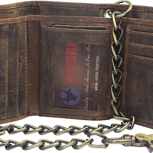 Cartera de motociclista personalizada, billetera de cuero vintage con bloqueo RFID, billetera con cadena triple para hombres, nombres personalizados