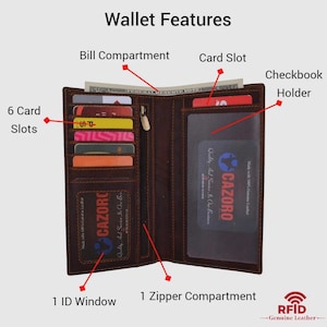 Cartera de chequera plegable, delgada y alargada, de cuero vintage con bloqueo RFID e iniciales personalizadas para hombre y mujer.