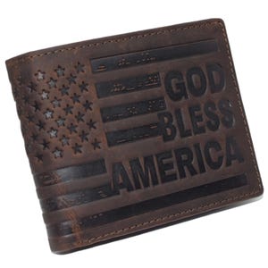 Cartera de cuero vintage personalizada con la bandera patriótica estadounidense GOD BLESS AMERICA para hombre con dos pliegues