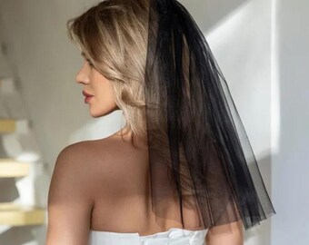 Velo de novia de tul negro: velo de novia de una sola capa con peine, 50 cm