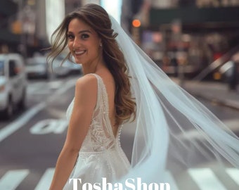 Velo de novia minimalista sencillo de 1 nivel de tejido súper suave con peine.