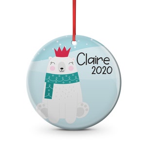 Customizable kids name ceramic Christmas ornament winter polar bear *change text to custom