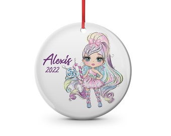 sparkly girl kids custom Christmas ornament  rainbow color long hair with tutu 2.75 inch custom name kids,