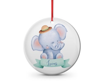 baby's name ceramic Christmas ornament  Baby elephant with a hat, watercolor elephant jungle animals