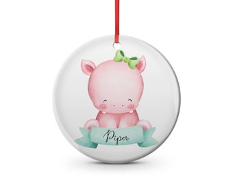 baby's name ceramic Christmas ornament  pink baby hippo with a bow, watercolor jungle animals