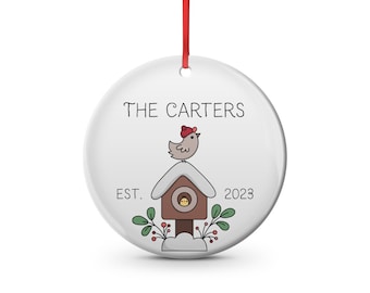 Christmas holiday themed Family CUSTOM LAST NAME ornament. round shaped. Family, bird houses ,family, bird, sentimental, holiday, gift,