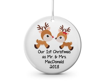 Custom our first Christmas  ceramic Christmas ornament deer couple. custom name