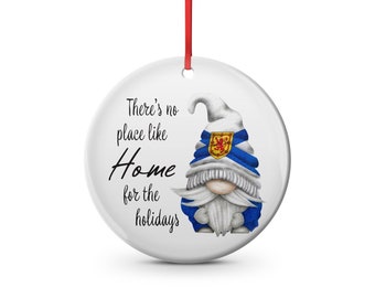 Nova Scotia there's no place like home for the holidays male gnome.  Christmas ornament maritime Atlantic Canada, east coast, tartan,