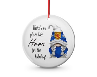 Nova Scotia there's no place like home for the holidays female gnome.  Christmas ornament maritime Atlantic Canada, east coast, tartan,