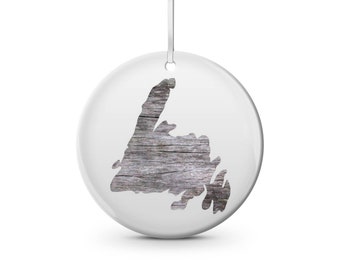 Newfoundland light driftwood texture ceramic Christmas ornament round shaped maritime Atlantic Canada , east coast, Island, NFLD