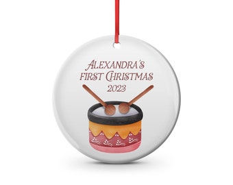 Watercolor christmas drum, little drummer, Kids name and year or *name's first christmas,  Christmas ornament, personalized