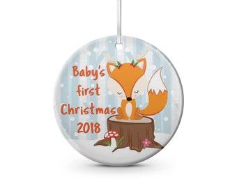 baby's first Christmas ceramic Christmas ornament baby fox. custom, personalize with name