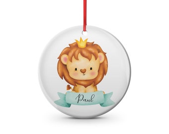 baby's name ceramic Christmas ornament  baby lion with a crown, watercolor jungle animals