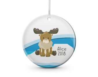 Personalized kids moose Christmas ceramic Christmas ornament customize with name, Moose, holiday, gift, daughter, son, baby,