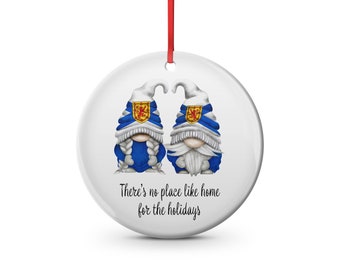 Nova Scotia there's no place like home for the holidays gnome couple.  Christmas ornament maritime Atlantic Canada, east coast, tartan,