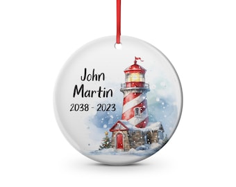 Lighthouse Family memory ceramic Christmas ornament,  name with dates prefered. memorial, heaven, angel