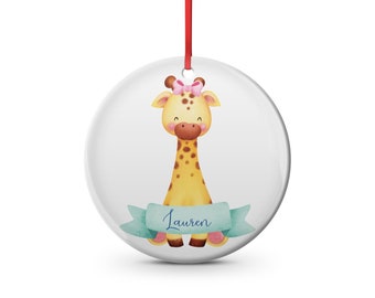 baby's name ceramic Christmas ornament  Baby giraffe with a bow, watercolor jungle animals