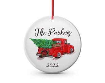 Vintage Christmas Red Truck - family name and year home ceramic ornament , holiday truck